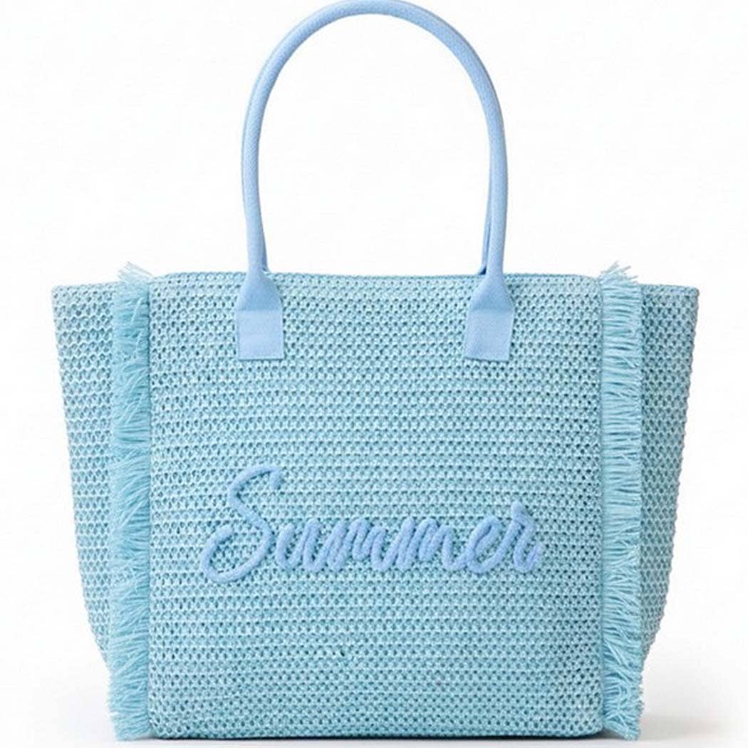 Woven Straw Fringe Tote With Summer Embroidery