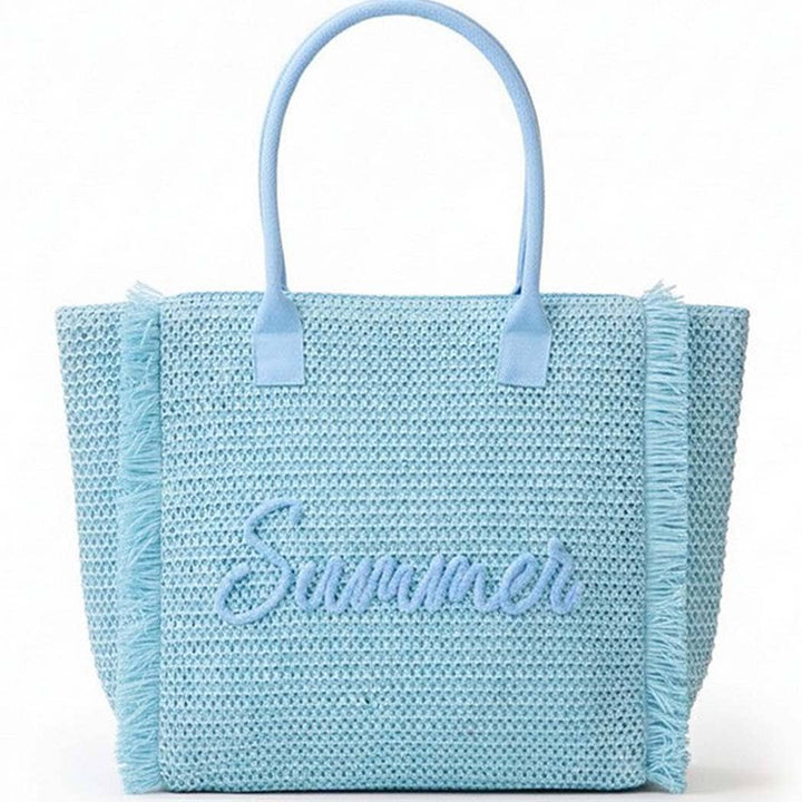 Woven Straw Fringe Tote With Summer Embroidery