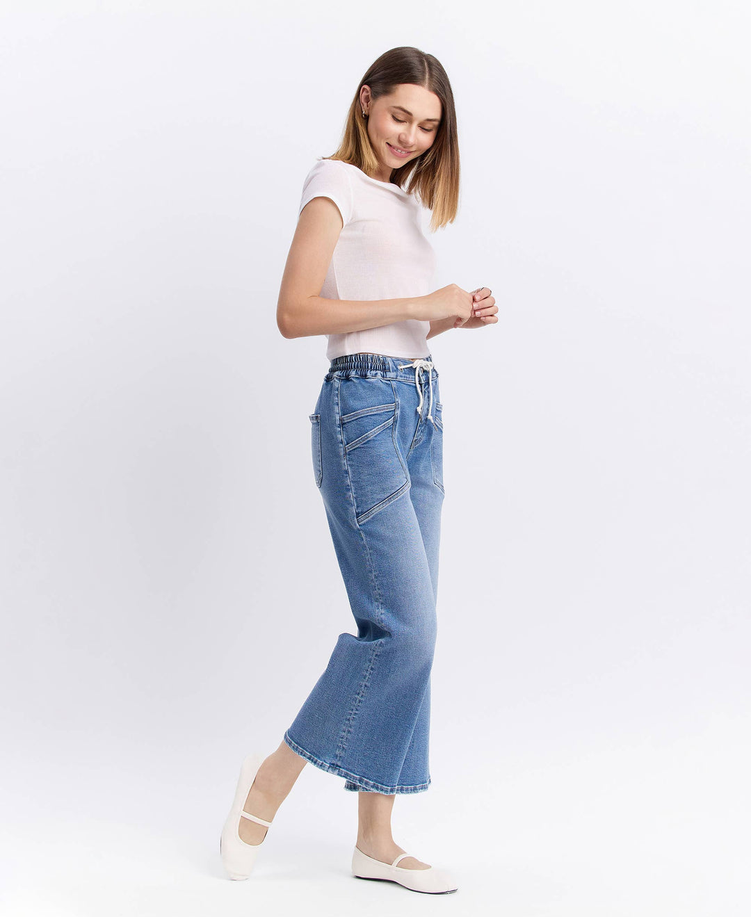 High Rise Flare Denim with Drawstring Waist