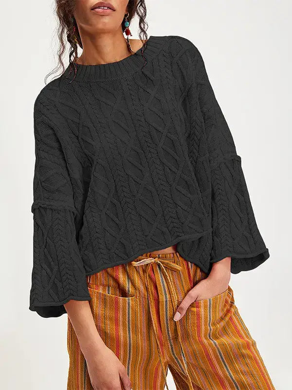 Cropped Cable Knit Sweater with Bell Sleeves