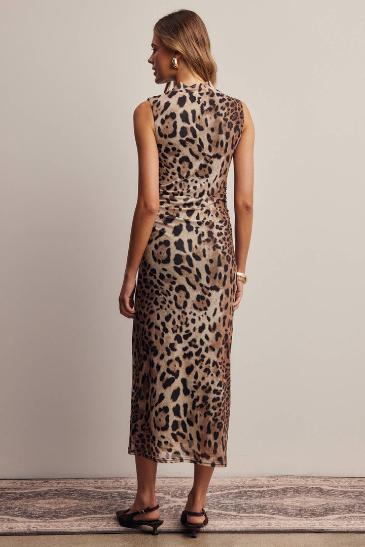 Leopard Print Power Mesh Midi Dress