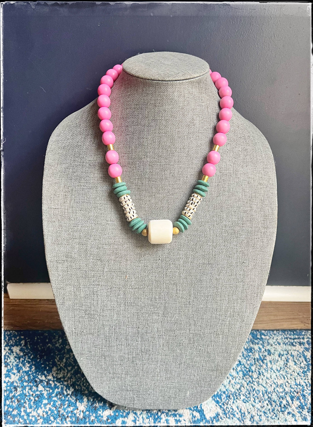 Pink Wood African Bone Bead Cylinder Pendant Necklace
