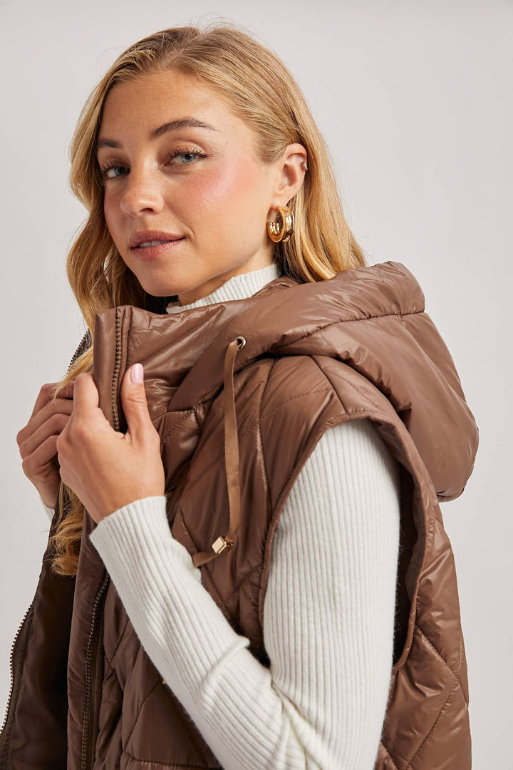 Quilt Puffer Long Hooded Vest