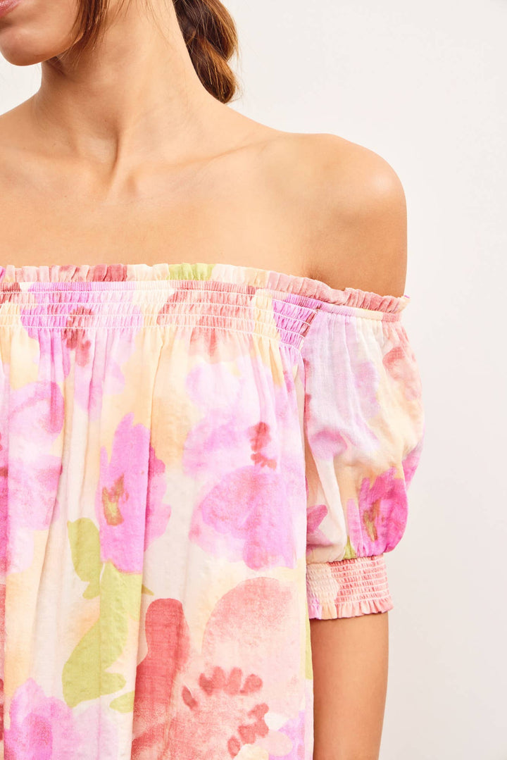 Pink Yellow Floral Off-Shoulder Floral Dress
