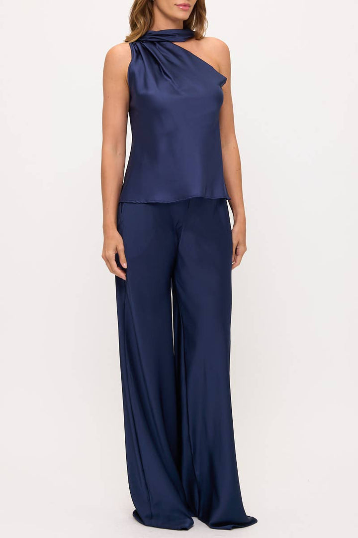 Navy Satin Top w Scarf Detail