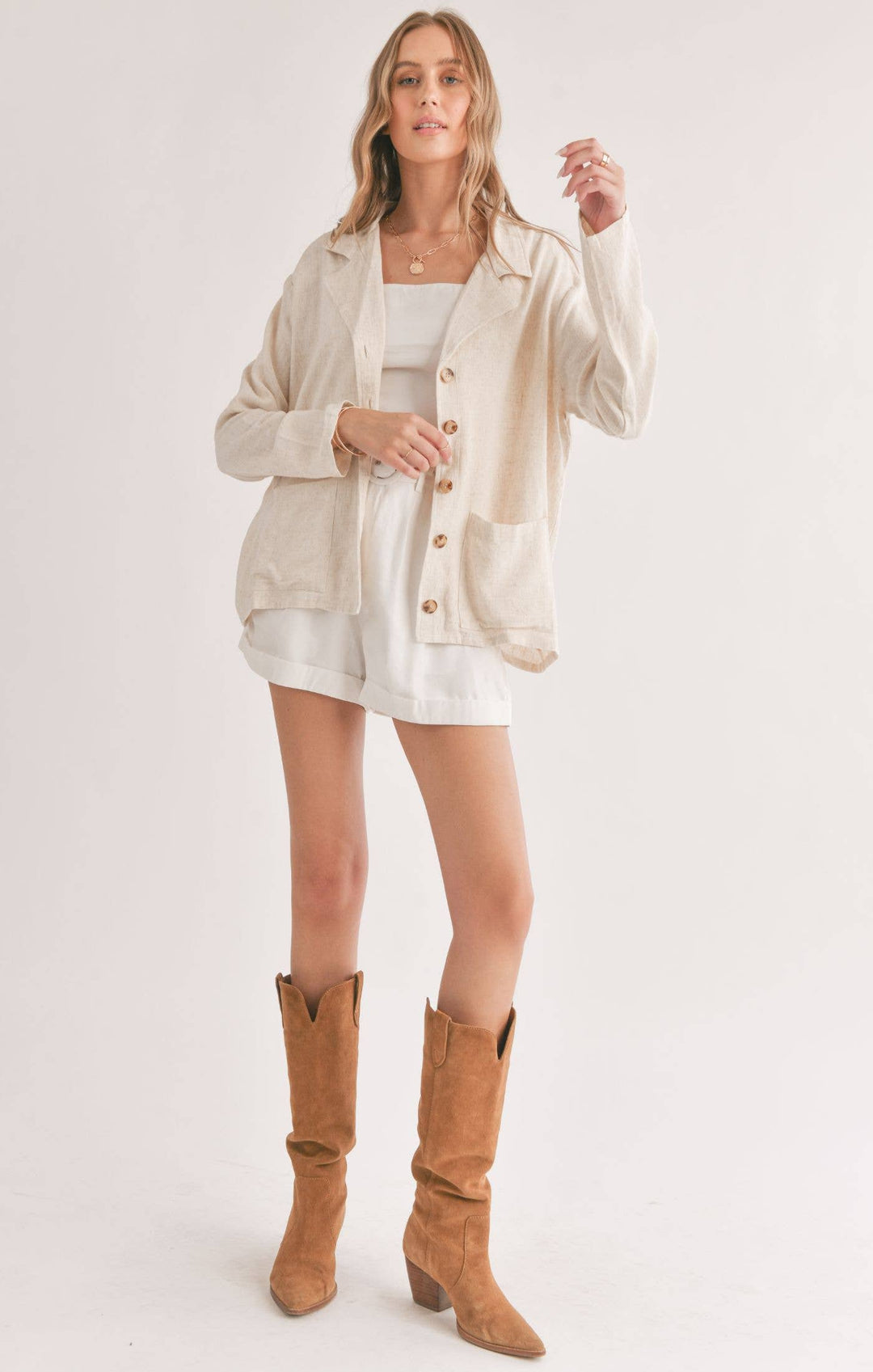 Linen Blend Jacket With Pockets: OATMEAL