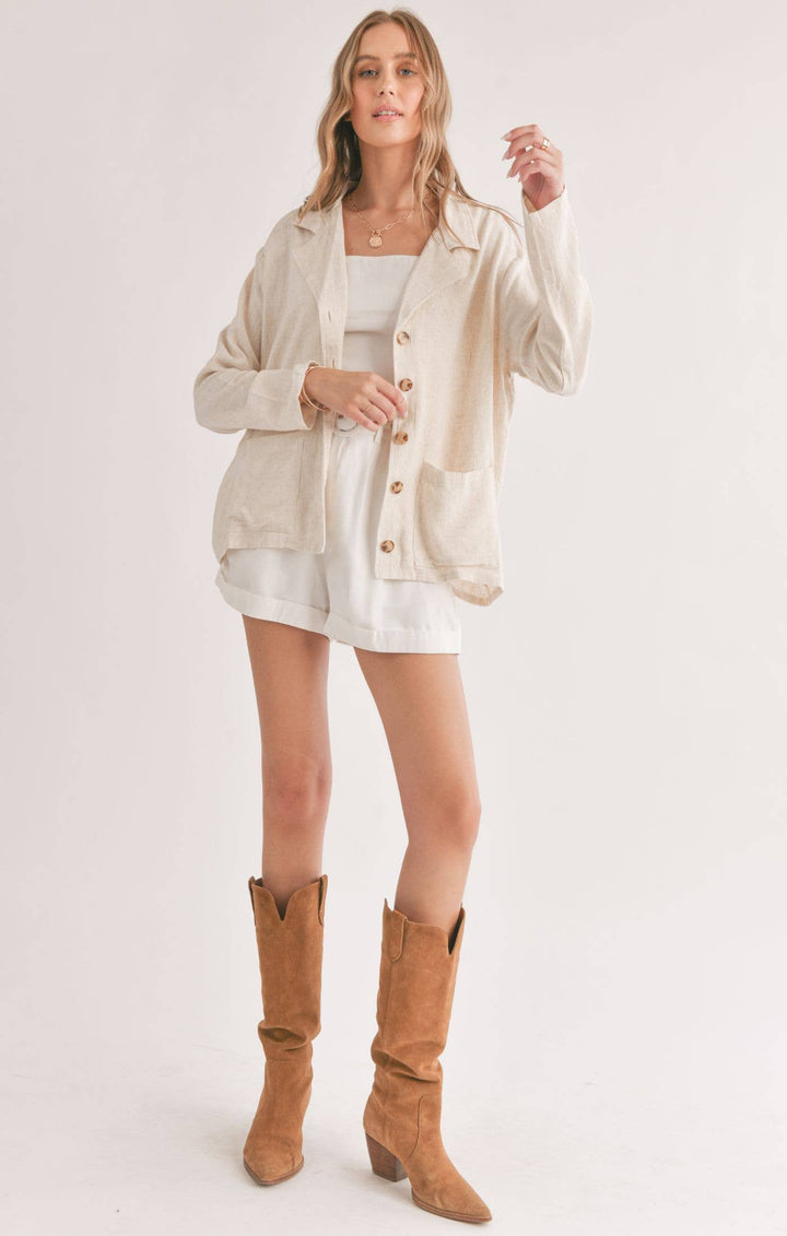 Linen Blend Jacket With Pockets: OATMEAL