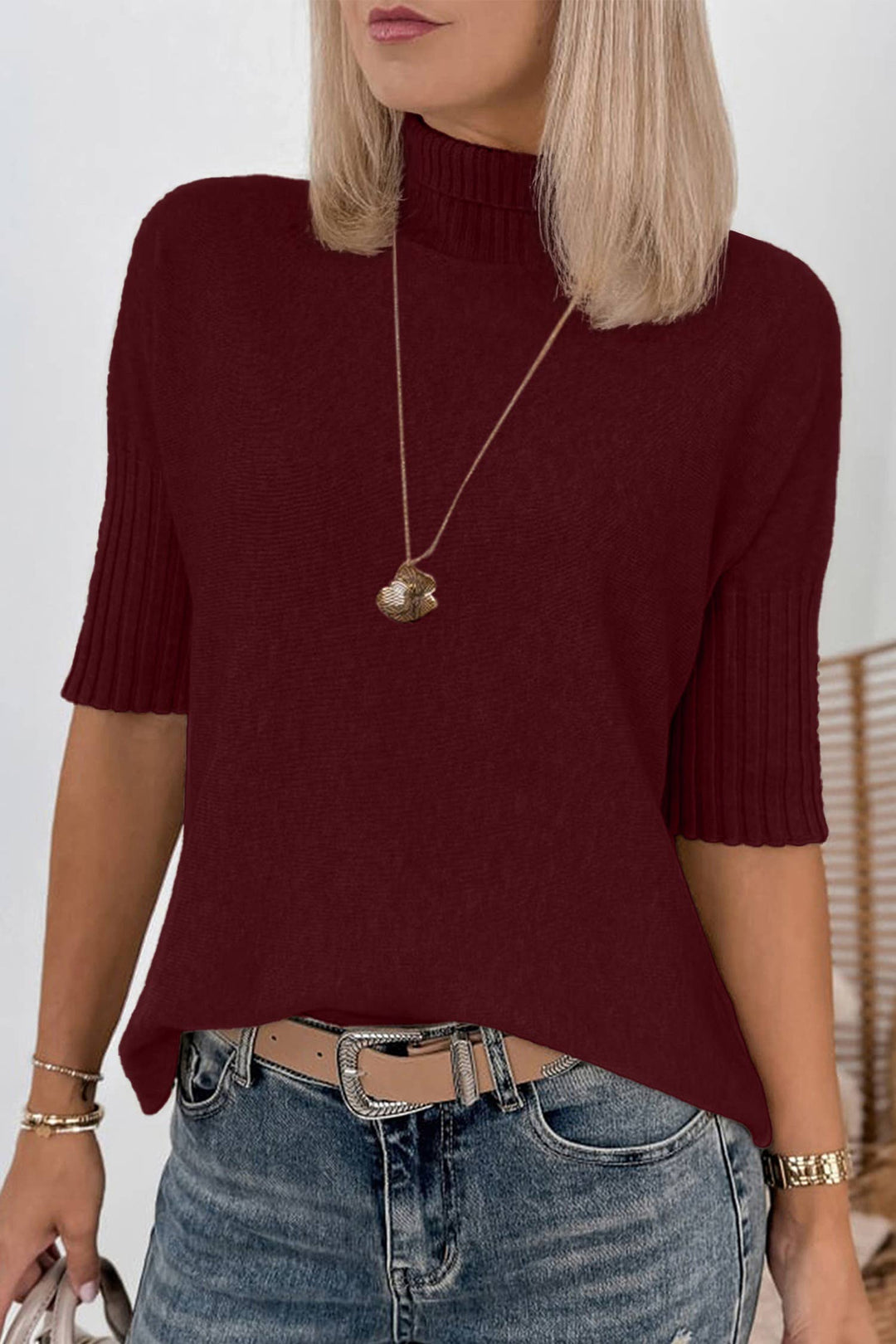 Tan  Ribbed High Neck Short Sleeve Sweater