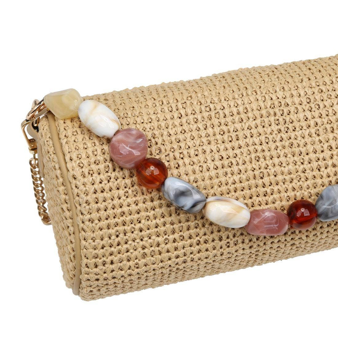 Round Straw Clutch Bag with Beaded Handle