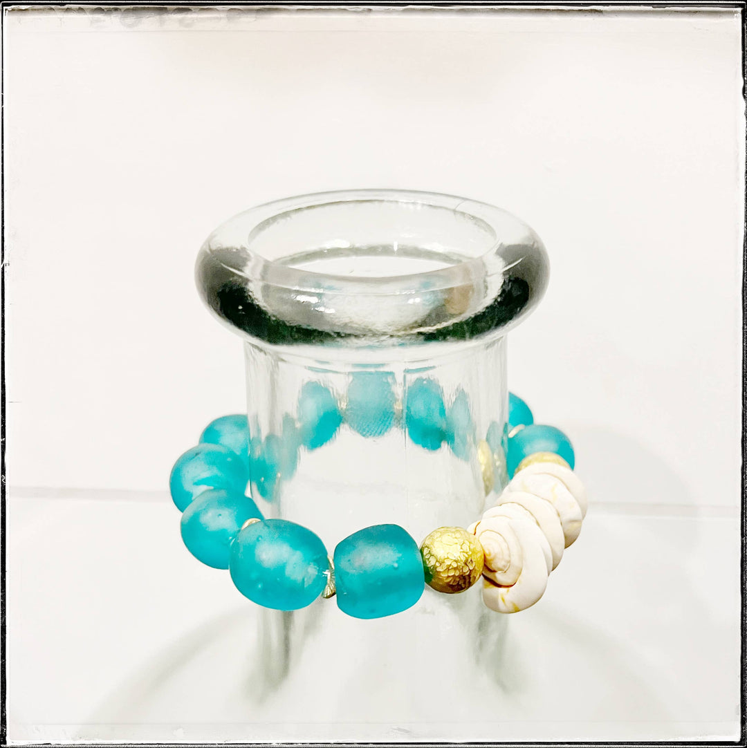 Blue Natural Shell &amp; Recycled Glass Bead  Bracelet