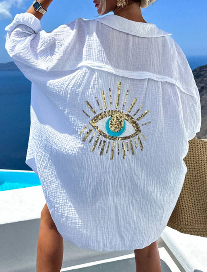 White Guaze Button-Down Coverup with Eye Design