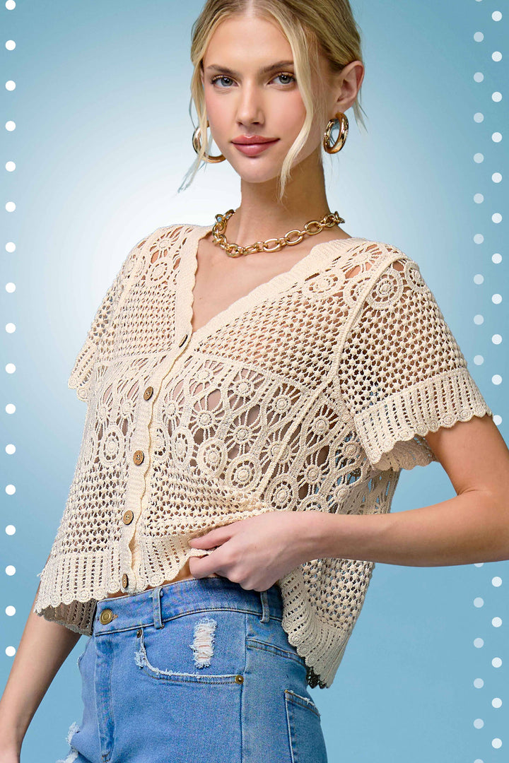 Crochet Scallop Edge Button Down Cardigan