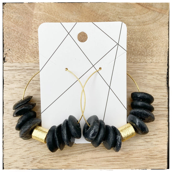 Ashanti Glass Bead Circle Hoop Dangle Earring - Black