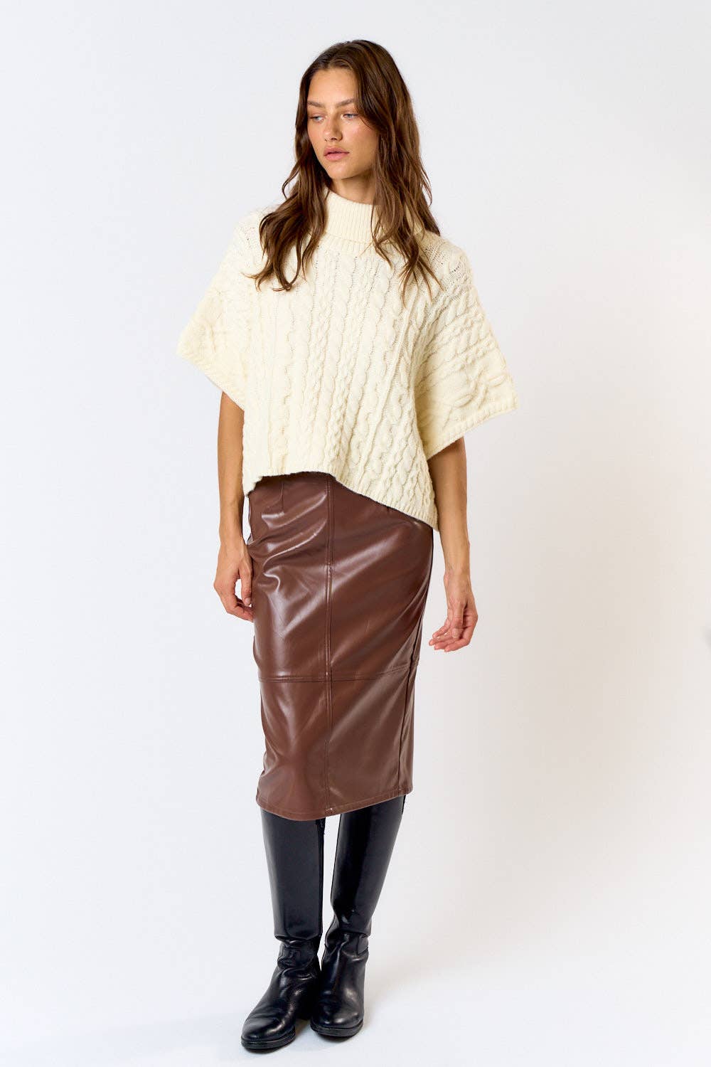 Black High Waist Leather Midi Skirt