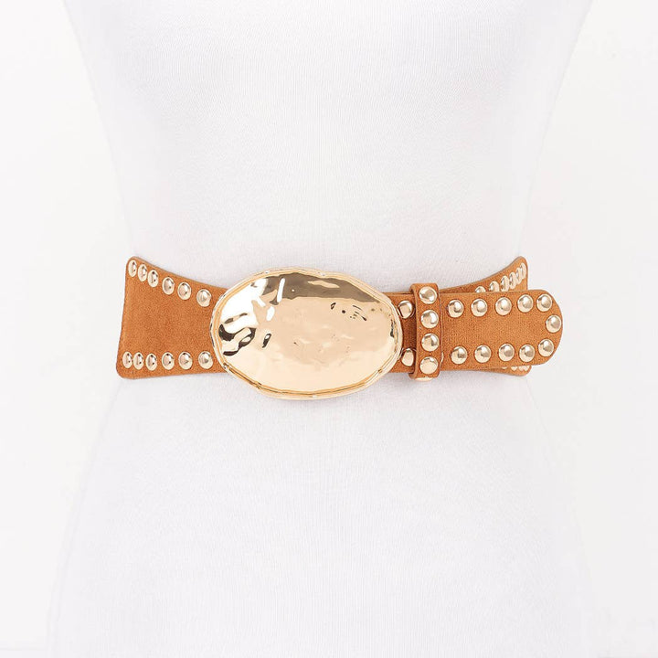 Hammered Metal Buckle Studded Faux Suede Elastic Belt