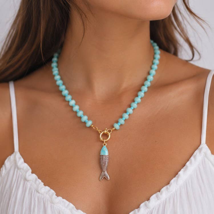Orange Bead Necklace with Fish Charm