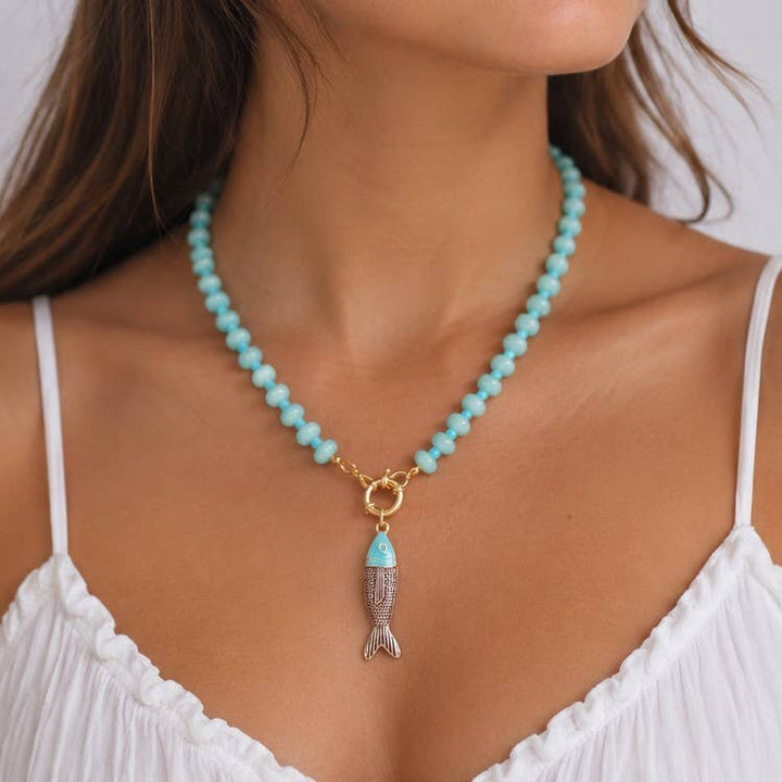 Orange Bead Necklace with Fish Charm