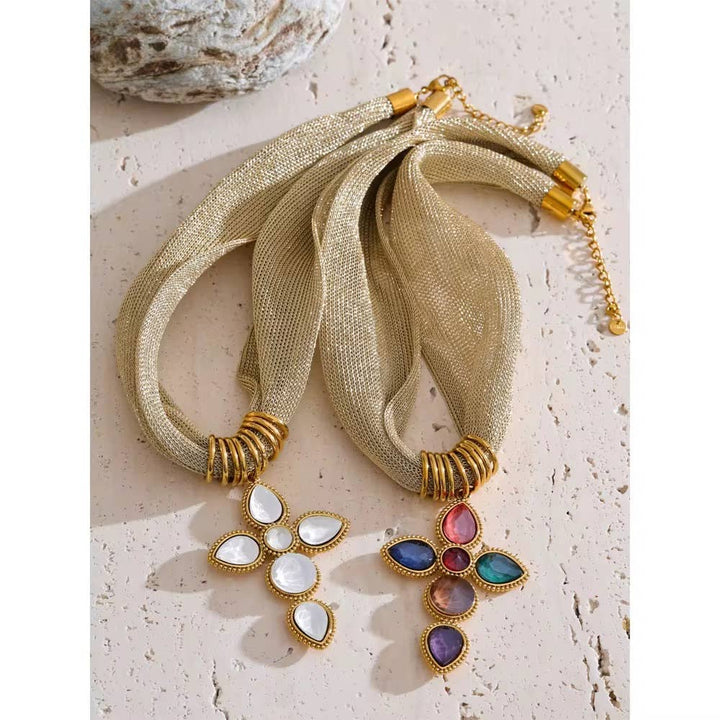 Gold Mesh Scarf Necklace with Gold/White Cross 