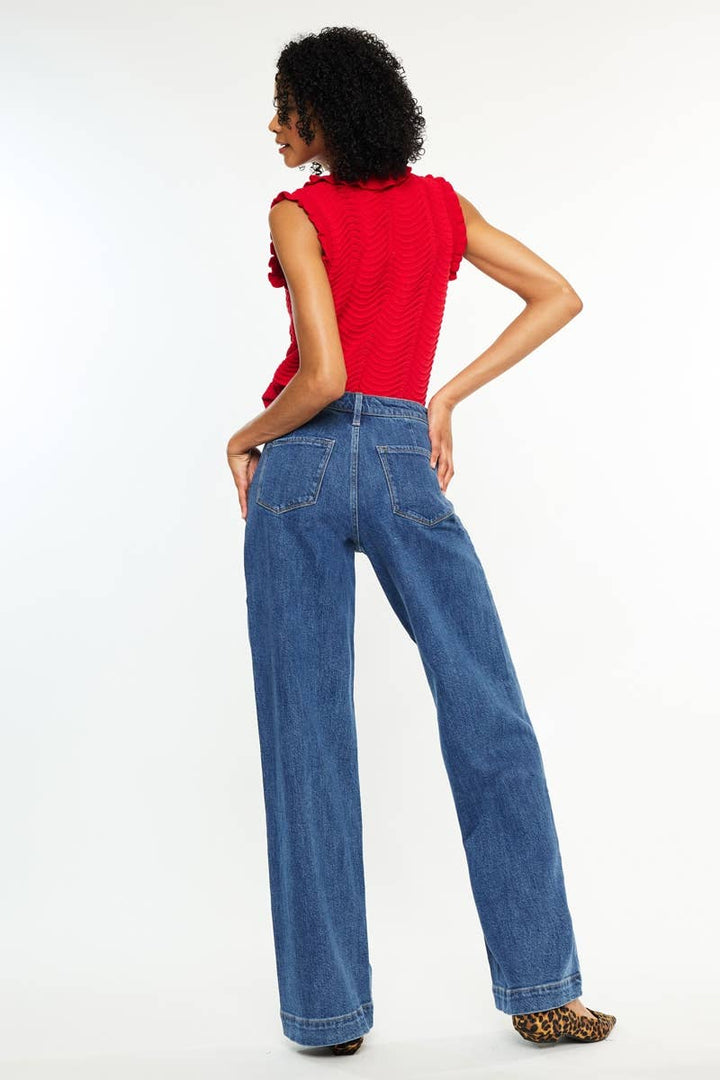 Dark High Rise Wide Leg Drape Denim