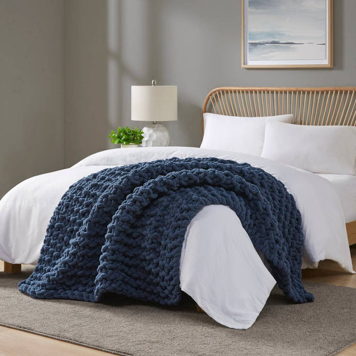 Chenille Chunky Knit Throw  Navy Blue