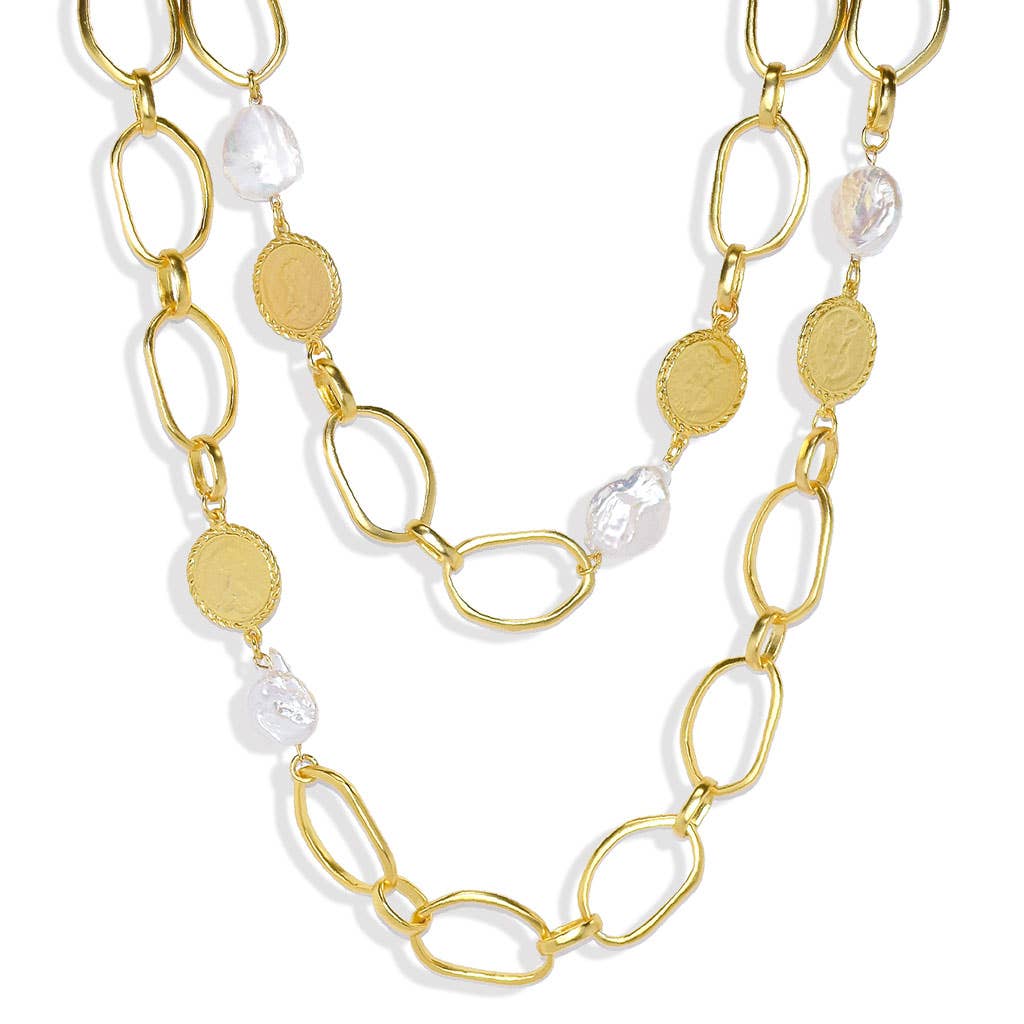 Flat pearls and coins Layered Necklace