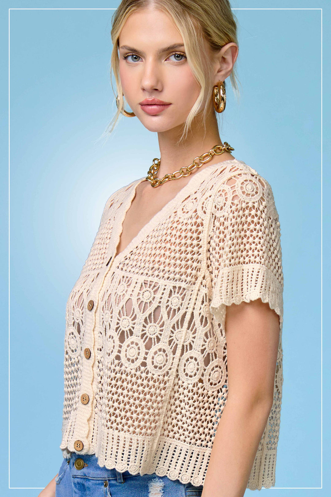 Crochet Scallop Edge Button Down Cardigan