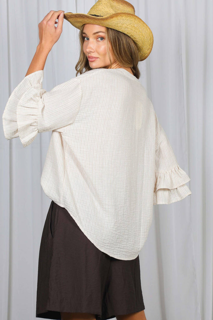 Striped V-Neck Ruffle 3/4 Sleeve Blouse Top