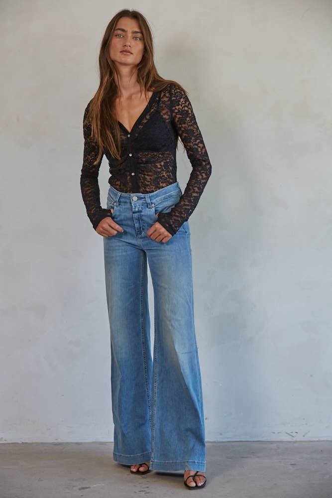 Black Lace V-Neck Button Down Bodysuit