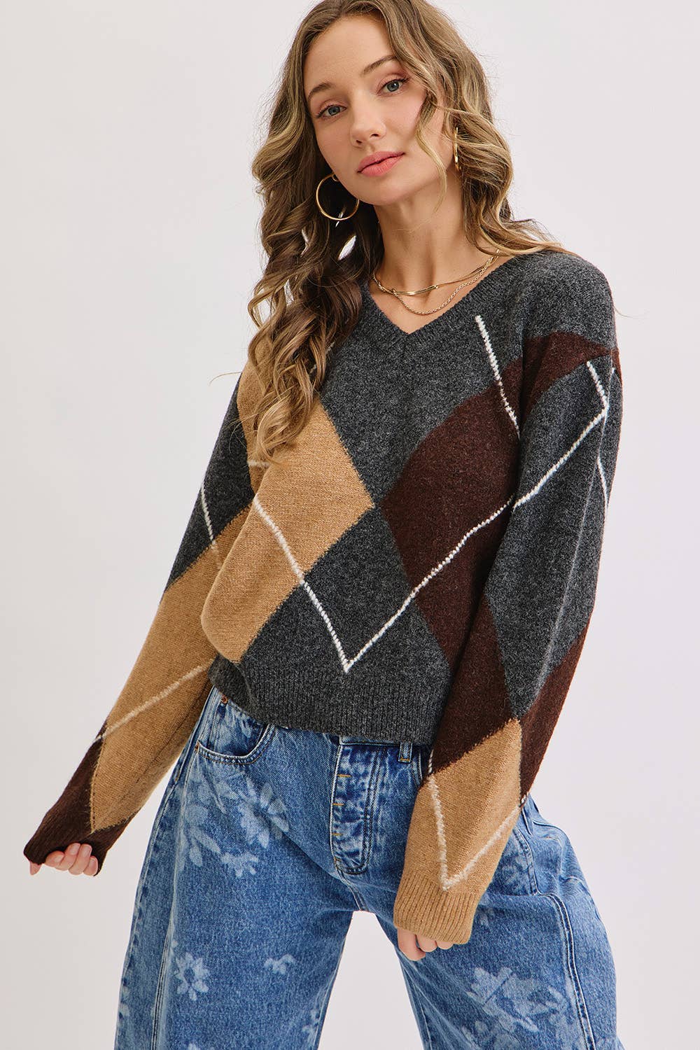 Charcoal Wine Camel  V-Neck Argyle Sweater