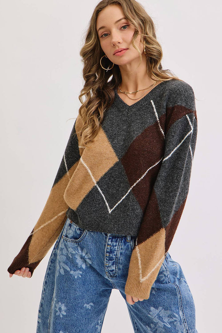 Charcoal Wine Camel  V-Neck Argyle Sweater