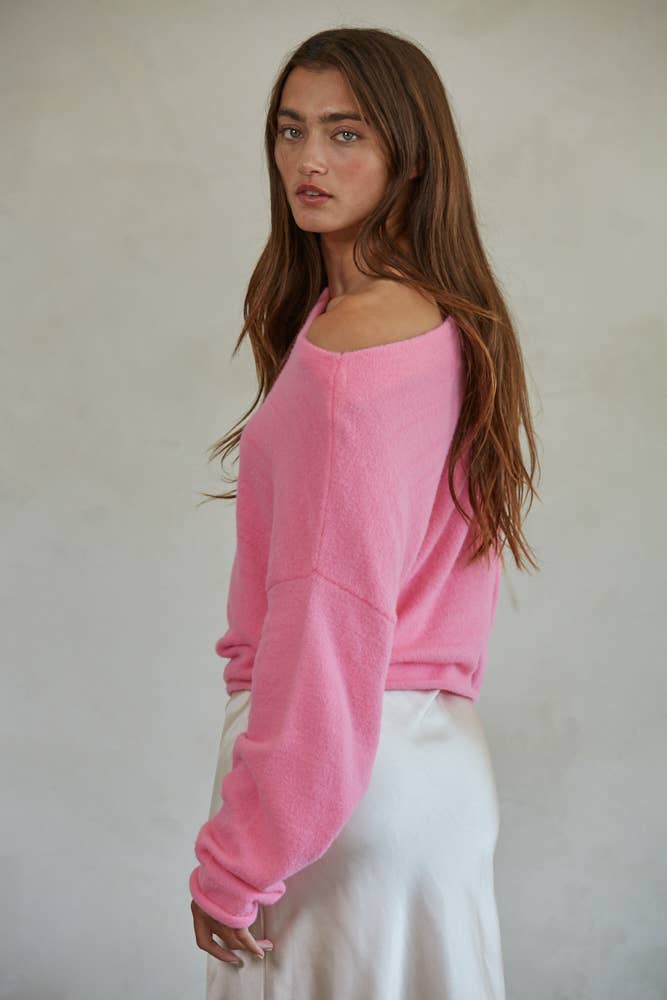 Pink Sweater Boat Neck Off Shoulder Top