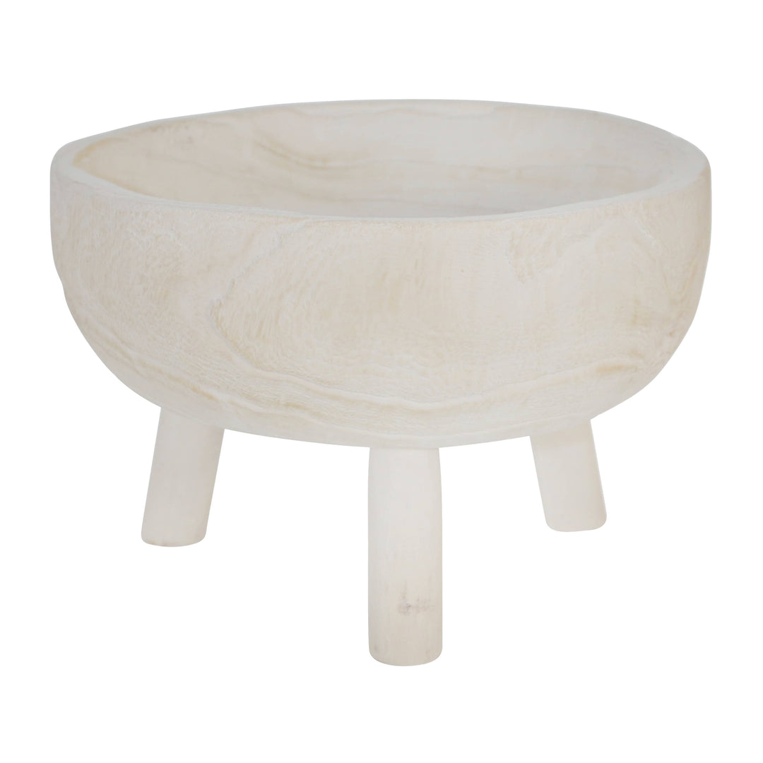 Decorative Bowl - White Wood Rustic with Tripod Legs