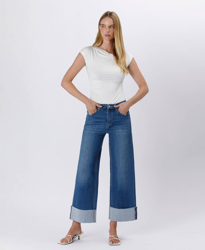 High Rise Cuffed Ankle Wide Leg Jeans