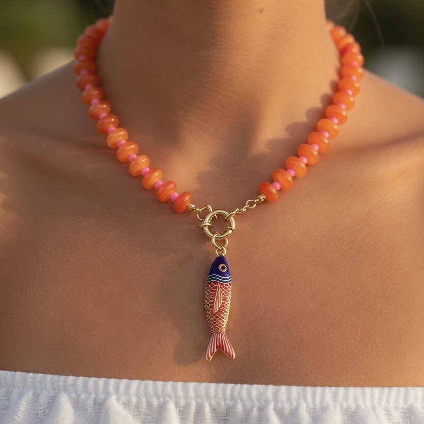 Orange Bead Necklace with Fish Charm
