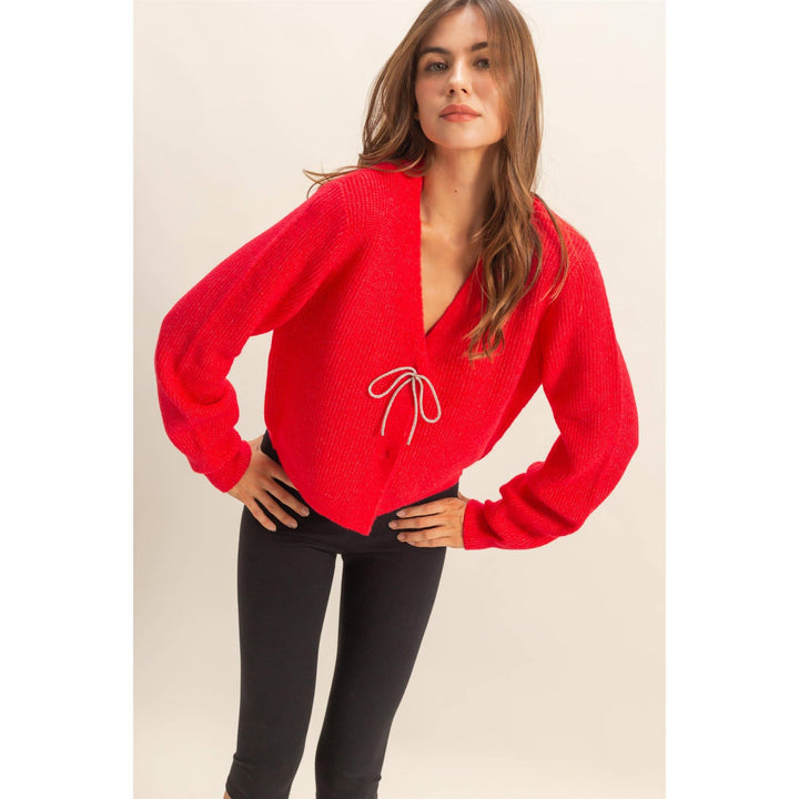 Red V Neck Sweater with Sparkly Bow