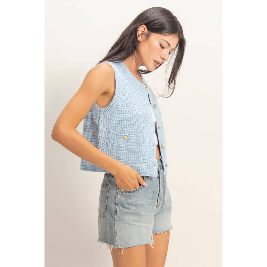 Blue Textured Button-Front Vest with Pocket
