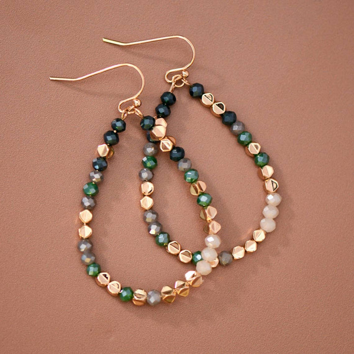 Green &amp; Gray Crystal Beaded Teardrop Earrings