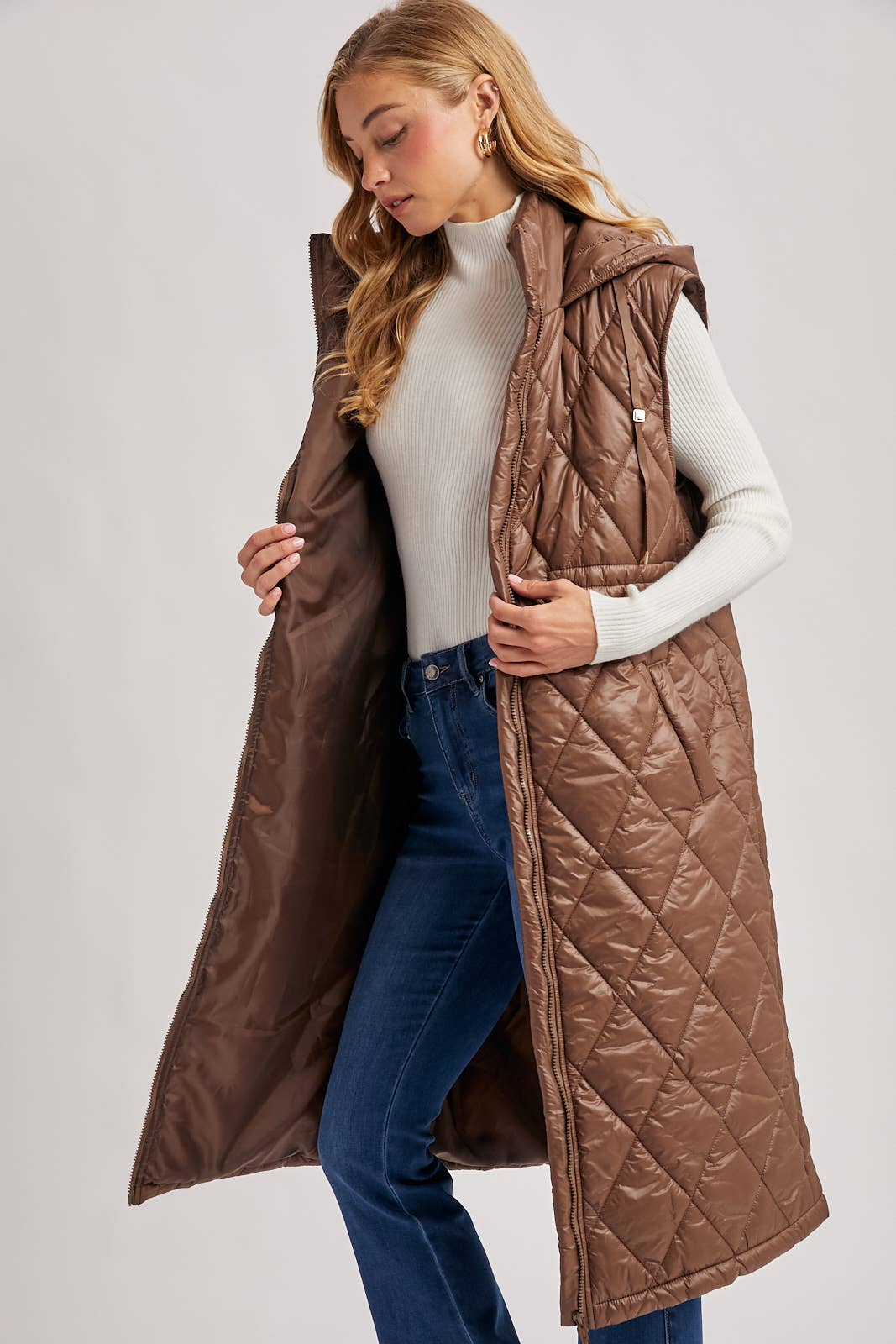 Quilt Puffer Long Hooded Vest