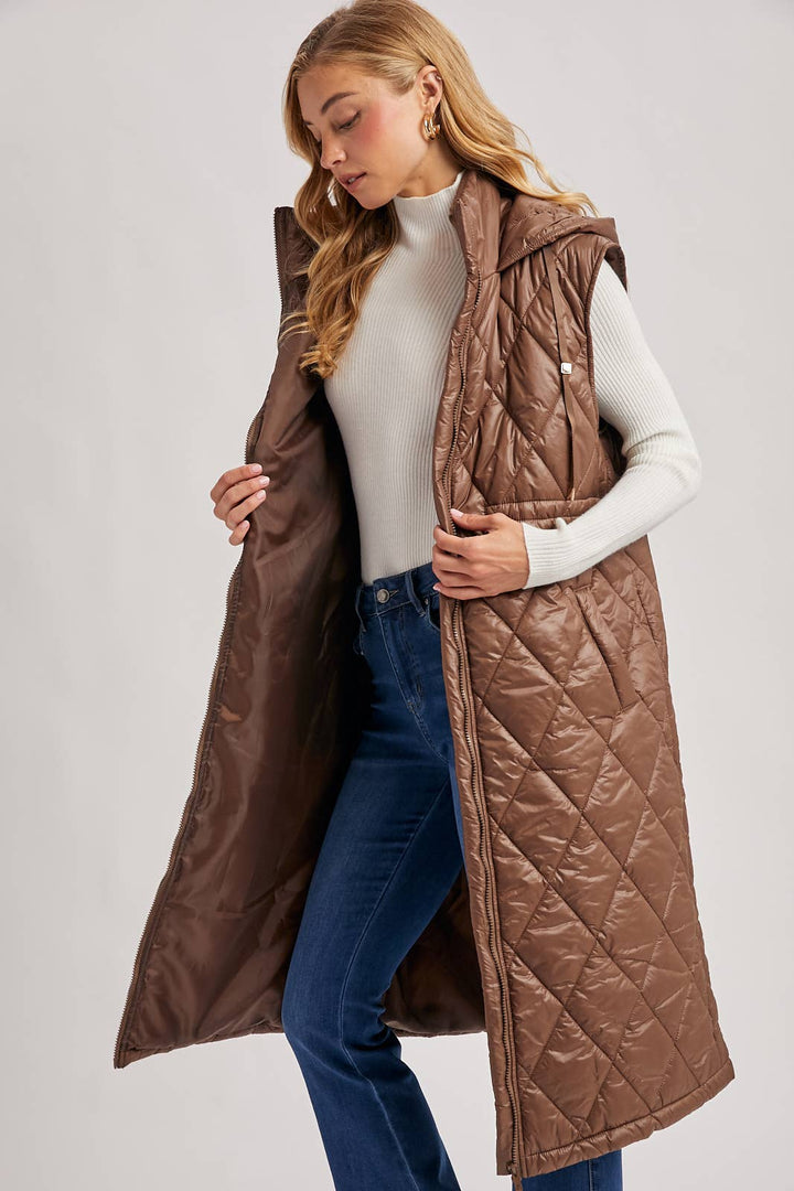Quilt Puffer Long Hooded Vest