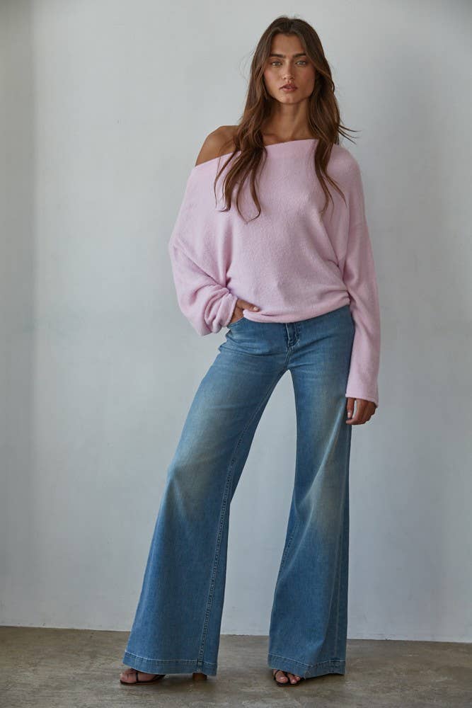 Pink Sweater Boat Neck Off Shoulder Top