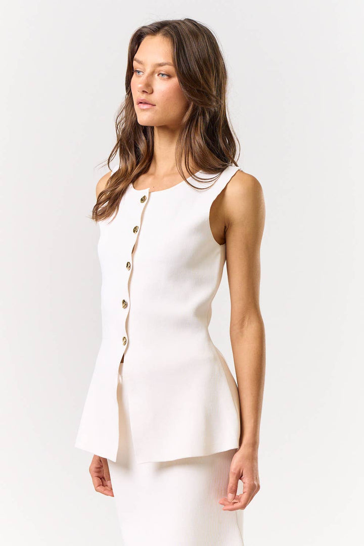 White Button Front Sleeveless Vest