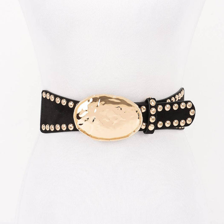 Hammered Metal Buckle Studded Faux Suede Elastic Belt