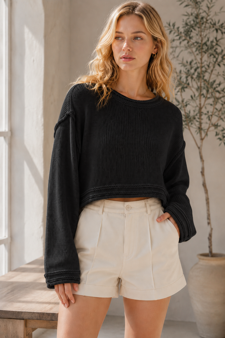 Tan Loose Fit Cropped Knit Top