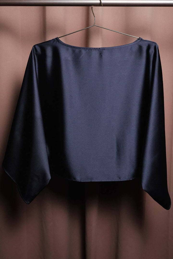 Ivory Satin Boat Neck 3/4 Sleeve Dolman Poncho Top