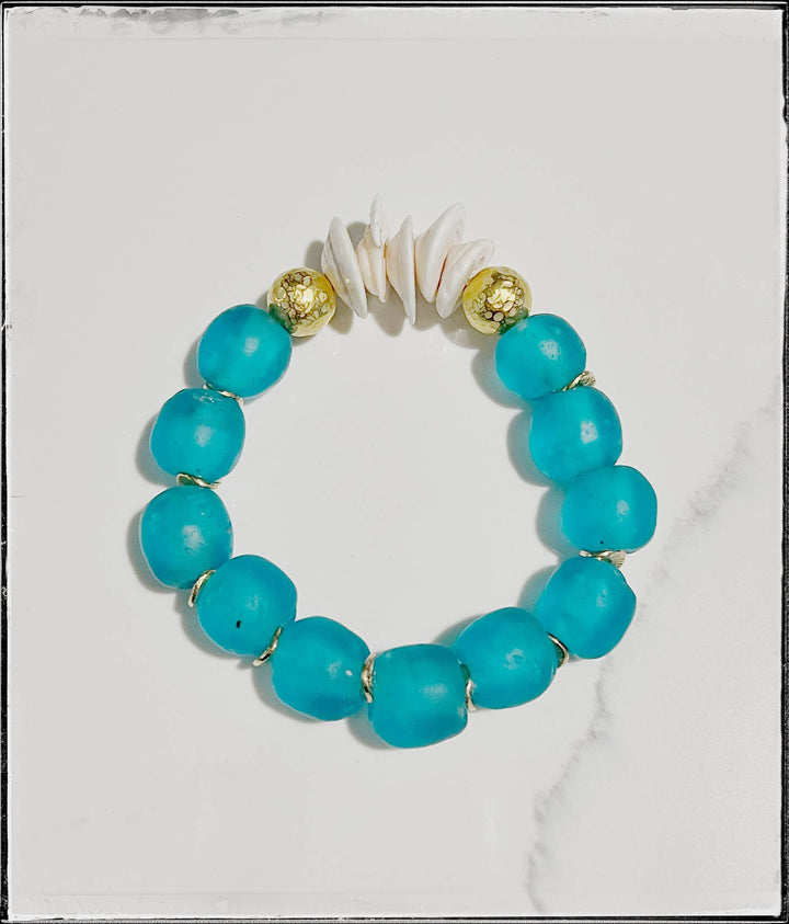 Blue Natural Shell &amp; Recycled Glass Bead  Bracelet