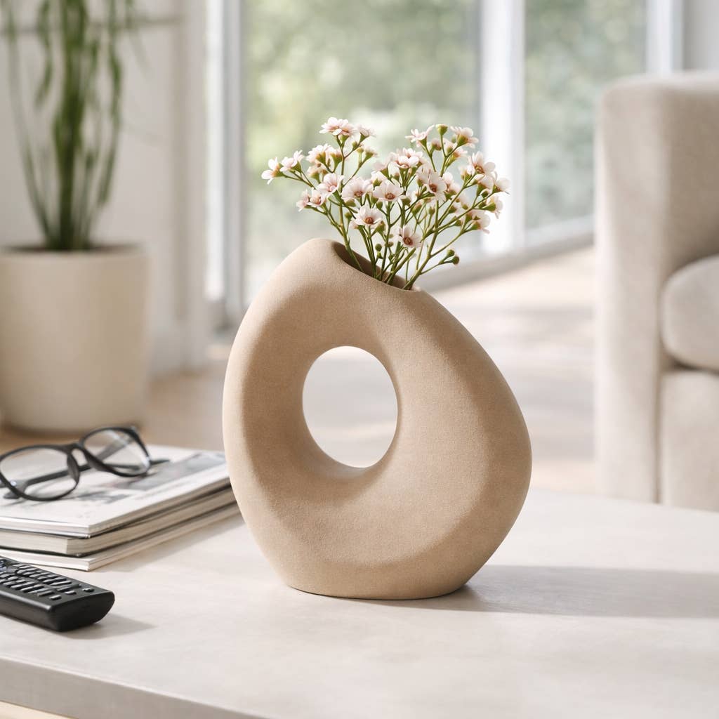 Tan 8 in. Ceramic Lopsided Open Cut-Out Vase Sand Texture