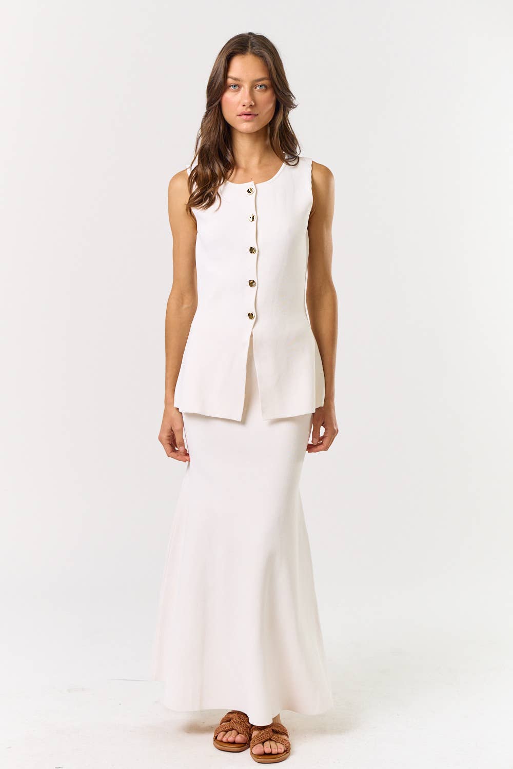 White Button Front Sleeveless Vest