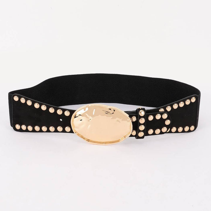 Hammered Metal Buckle Studded Faux Suede Elastic Belt