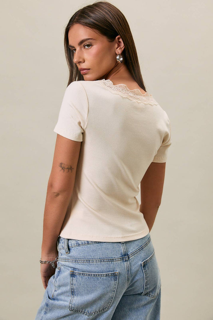 Lace trim Button Down Rib Top