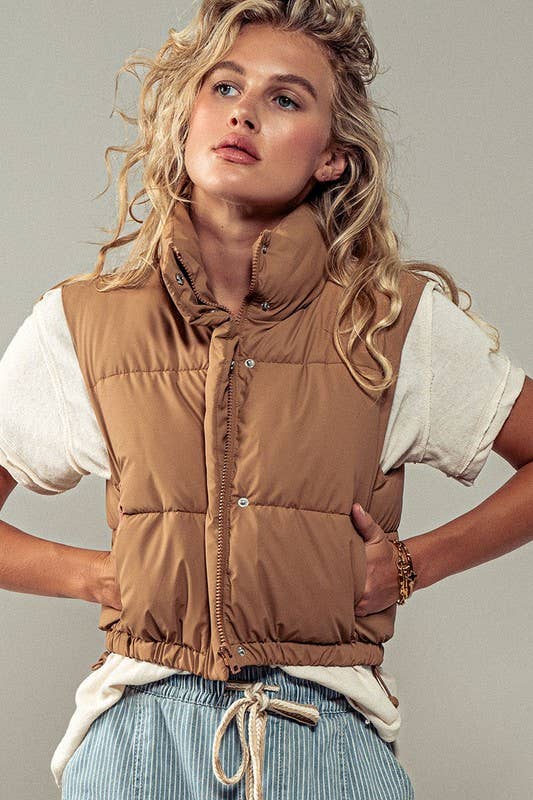 Camel Puffer Vest with Adjustable Hem
